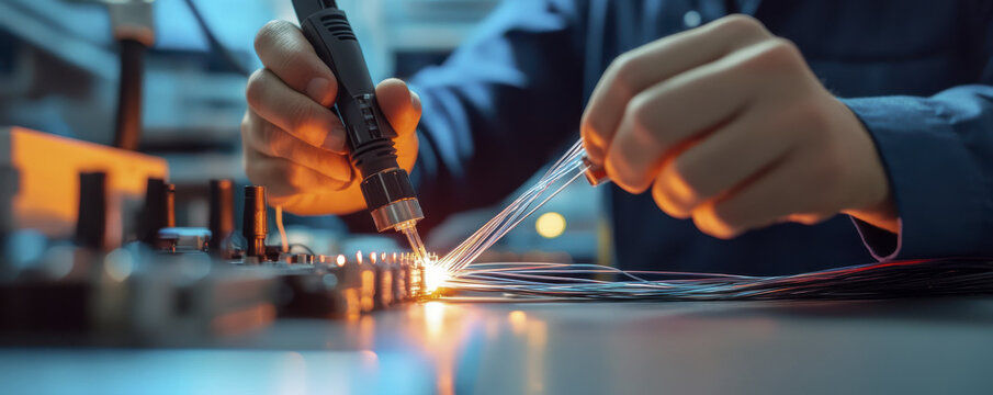 Close up shot of technician splicing fiber optic cables with precision and care, showcasing intricate process of connecting fibers for optimal performance