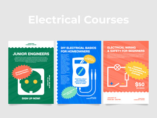Electrical courses engineer wiring and safety poster design template set vector flat illustration