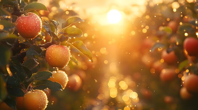 Golden hour at the apple orchard, sun kissed apples on the tree