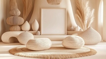 Artistic Minimalist Interior Design Featuring Textured Neutral Decor and Organic Shapes