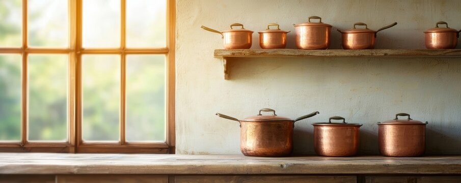 Cozy rustic kitchen with vintage copper pots and pans hanging on the wall, illuminated by warm sunlight from a wooden-framed window, evoking nostalgia