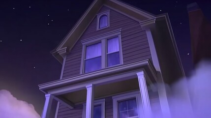 Eerie Vintage House At Night Surrounded By Fog And Stars Under A Mysterious Sky