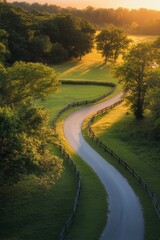 Fototapeta premium Winding country road at sunset surrounded by green trees, capturing serene nature landscape and peaceful rural scenery for travel and outdoor themes.