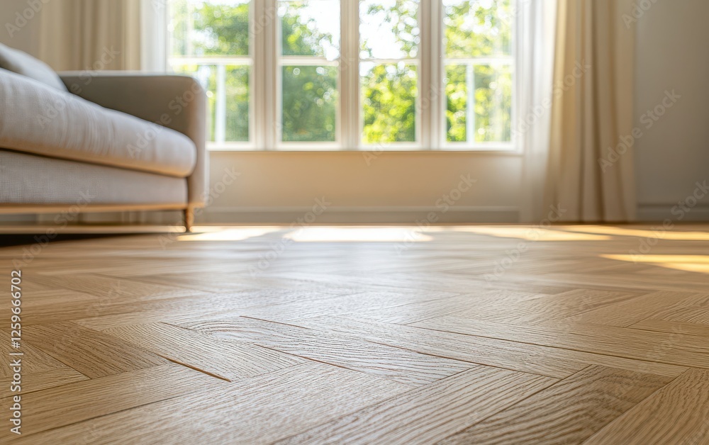 Wall mural Parquet Floor with Sofa and Window in Soft Lighting: A close-up of a parquet floor in a cozy living room with a minimalist sofa and a window in the background, captured with shallow depth of field.