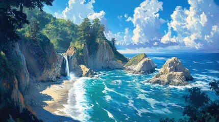 Naklejka premium Coastal Waterfall Beachscape Sunny day, ocean waves crashing on sandy shore, lush greenery, cliffside waterfall. Use travel, tourism