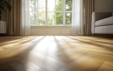 Fototapeta premium Softly Lit Parquet Floor with Elegant Furniture: A close-up of a parquet floor in a living room with elegant furniture and a soft-lit window, all captured with a shallow depth of field. 