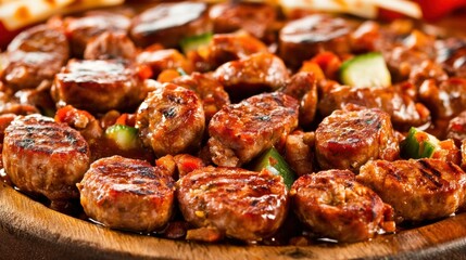 Closeup of Grilled Sausages on a Wooden Platter with Colorful Vegetables and Garnish