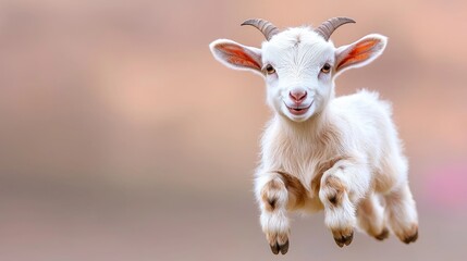 Fototapeta premium Cute white baby goat jumping joyfully in the air against a soft blurred background.