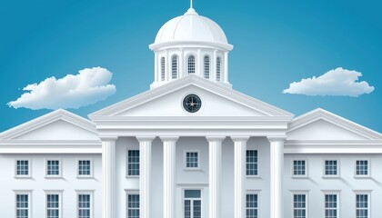 Flat-style architectural illustration of a historic government building with a domed roof, classic columns, and symmetrical wings, high-detail vector art