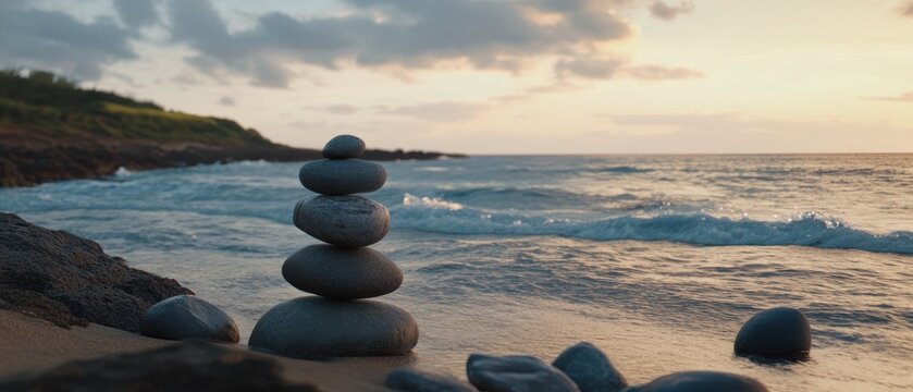 Serene beach sunset with stacked stones on sandy shore, tranquil ocean waves, and beautiful coastal landscape for relaxation and wellness themes.