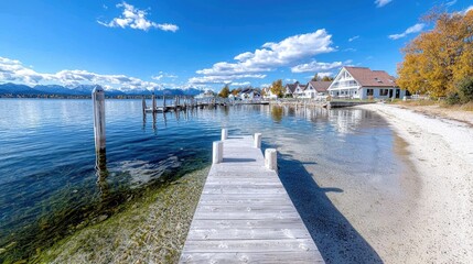 Obraz premium Lakeside wooden dock leading to beach houses, sunny day