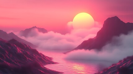 Pink Sunset Over Misty Mountains and Calm Water