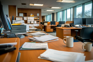 Chaotic open-plan office with stressed employees, messy corporate workspace, people working at cluttered desks, business casual workers searching through paper piles