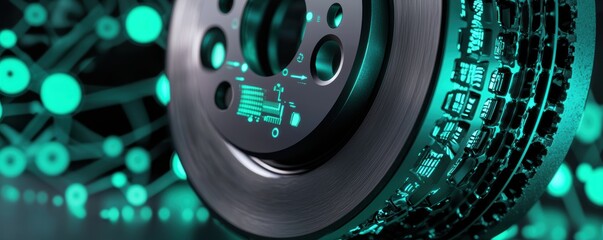 Futuristic automotive sustainability, recycled brake discs with holographic data visualizing green energy efficiency and carbon footprint reduction