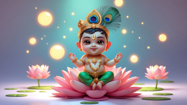 An illustration for a joyful Janmashtami featuring a cute Baby Krishna in an animated cartoon style, Lord Krishna, created using Generative AI