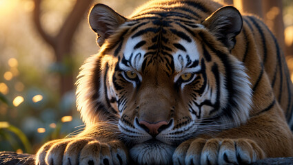 Obraz premium Close-Up of the Majestic Face of a Royal Bengal Tiger – Generative AI Art