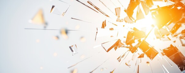 Fototapeta premium Glass explosion effect with a fractured window and suspended shards reflecting light, symbolizing chaos, fragility, and sudden disruption