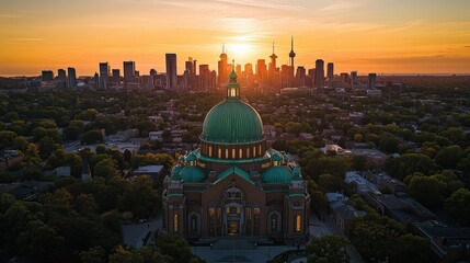 Obraz premium Toronto skyline at sunset with majestic St. Michaelâ€™s Cathedral Basilica dome in the foreground, aerial view of cityscape and beautiful architecture.