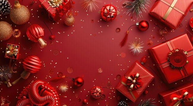 Gold podium on a Chinese red background, with a 3D stage for product showcases, themed for the Lunar New Year and luxury events