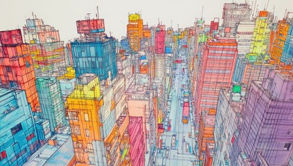 Colorful city skyline, urban aerial view, vibrant buildings
