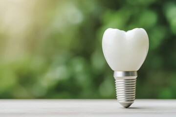 High-quality macro shot of a titanium dental implant with a realistic tooth crown, placed against a blurred outdoor background
