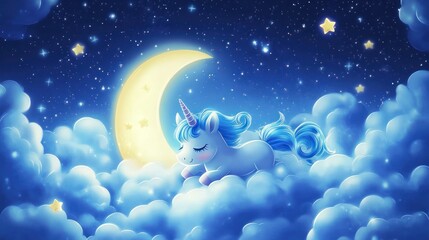Fototapeta premium Dreamy Unicorn Sleeping on Clouds Under a Crescent Moonlit Starry Sky