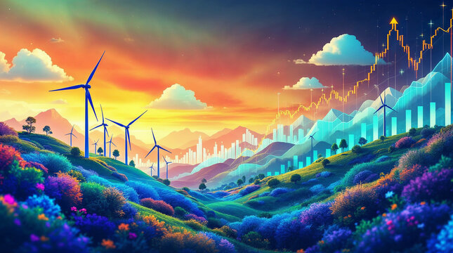 Digital landscape with wind turbines