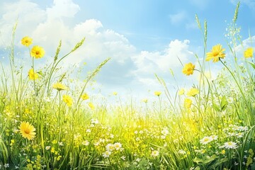 Obraz premium Beautiful spring meadow with green grass and yellow wildflowers on a sunny day, panoramic view, blurred foreground, high-resolution HDR photography.