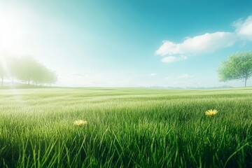 Beautiful spring meadow with green grass and yellow wildflowers on a sunny day, panoramic view, blurred foreground, high-resolution HDR photography.