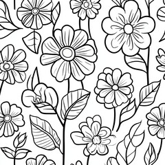 Simple Coloring Book Page Flowers and Leaves Illustration for Children