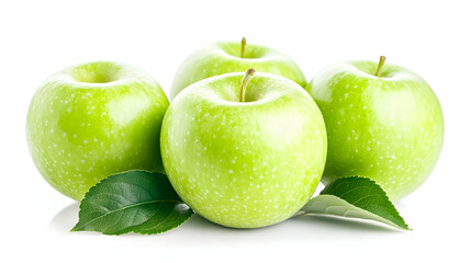 Four green apples with leaves on white background; healthy food concept