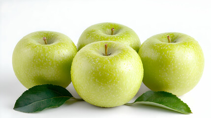 Four green apples with leaves, white background, healthy food concept