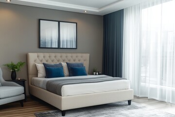 Modern bedroom with gray and blue accents, elegant bed frame with beige headboard, wooden flooring, light gray armchair, and soft lighting from sheer curtains.