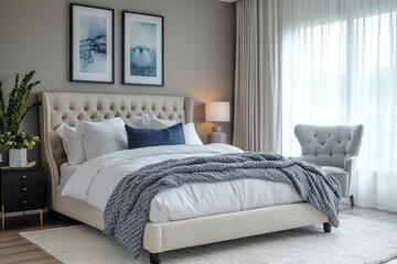 Modern bedroom with gray and blue accents, elegant bed frame with beige headboard, wooden flooring, light gray armchair, and soft lighting from sheer curtains.