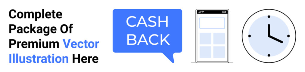 Cashback text in speech bubble, mobile app layout, and clock icon emphasizing rewards, time focus. Ideal for promotions, sales, mobile apps, finance tips, e-commerce planning flat landing page