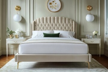 Sleek gray velvet bed with gold legs, elegant bedroom setting with white and green decor, luxurious and stylish design.