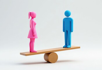 Gender Equality: Pink Woman and Blue Man on Seesaw