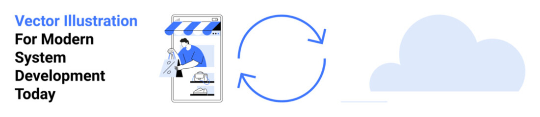 Smartphone with e-commerce storefront, circular process arrows, cloud icon. Ideal for cloud computing, system automation, workflow, online shopping, software design, data exchange flat landing page