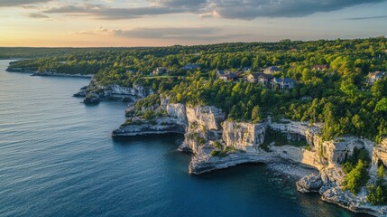 Obraz premium Coastal cliffs at sunset with lush greenery and calm waters, perfect for travel, nature, and landscape photography enthusiasts. A serene outdoor escape.