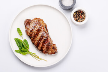 A perfectly cooked striploin steak with a juicy, tender texture