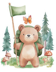 Illustration of a cute bear carrying a backpack, exploring the forest with a flag and butterfly. Cartoon Illustration t shirt Graphic