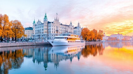 Obraz premium Scenic autumn sunrise, Stockholm waterfront, cruise ship docked, buildings reflecting in water; travel postcard
