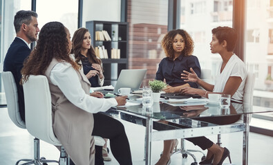 Conversation, planning and business people in office with laptop for company profit growth with investment. Meeting, computer and team of financial advisors with investor for revenue project together