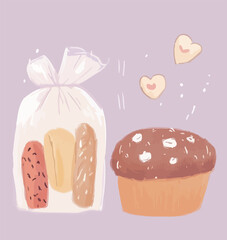 Illustrated Bag of Fresh Bread and Pastries in a Soft Color Palette Cartoon Illustration Graphic