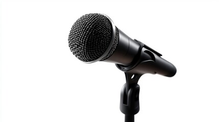 Professional Black Microphone on Stand, Isolated on White Background