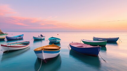 Fototapeta premium Mediterranean, harbor, tradition, A serene sunset scene featuring colorful boats gently floating on calm waters, reflecting hues of orange and pink in the sky.
