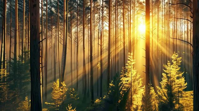 Golden sunlight filters through towering trees in serene forest