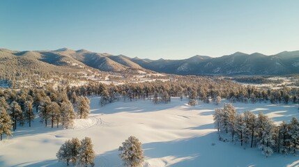 Obraz premium Winter landscape aerial view of snow-covered mountains and pine forests under clear blue sky in scenic nature setting for travel and outdoor themes.