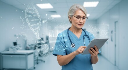 Abstract luminous DNA molecule. Doctor using tablet and check with analysis chromosome DNA genetic of human on virtual interface. Medical science and biotechnology