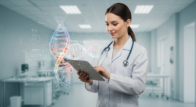 Abstract luminous DNA molecule. Doctor using tablet and check with analysis chromosome DNA genetic of human on virtual interface. Medical science and biotechnology